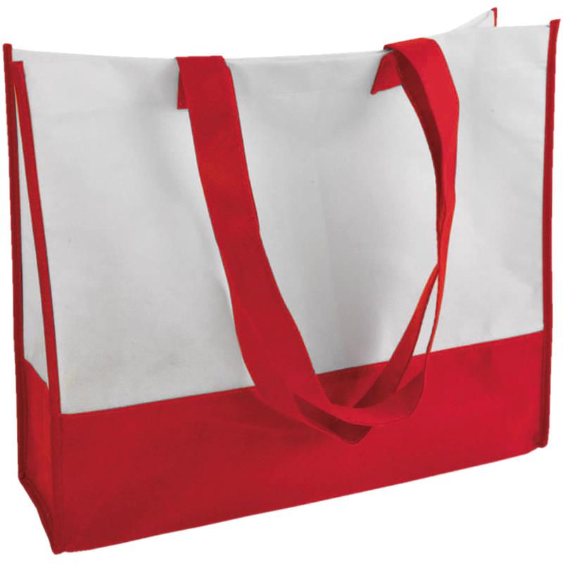 shopper in tnt bicolore rosso/bianco con soffietti manici tnt